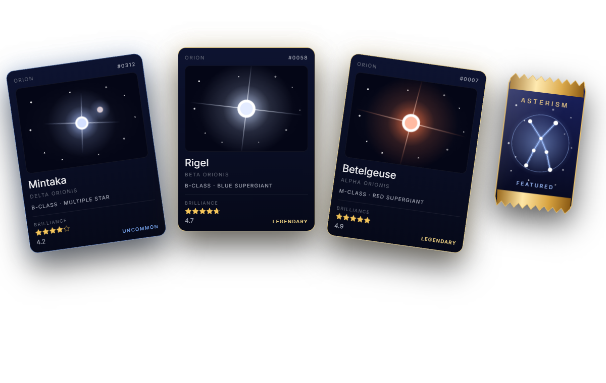 Three Asterism cards (Mintaka, Rigel and Betelgeuse) and a Featured pack