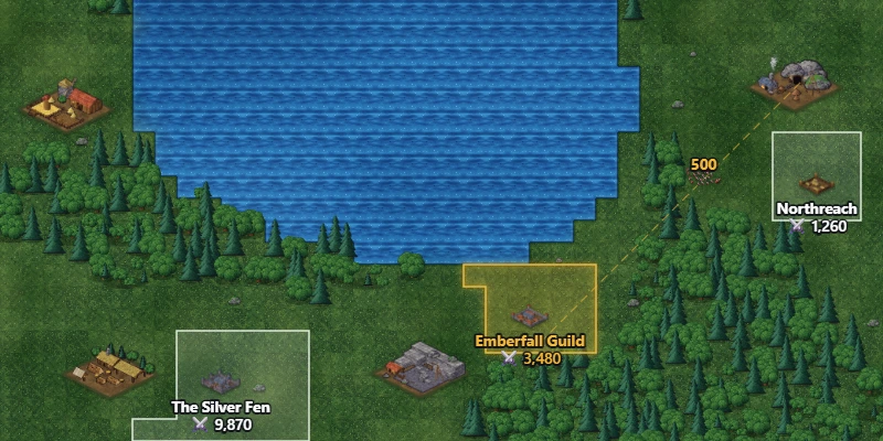 The CONQUEST map: three factions with their land outlined, a lake, forest, a farm, a logging camp, a quarry and an iron mine